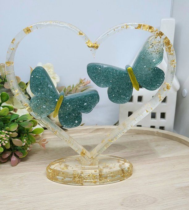 Coeur sur socle et ses papillons "effet diamant" Vert
