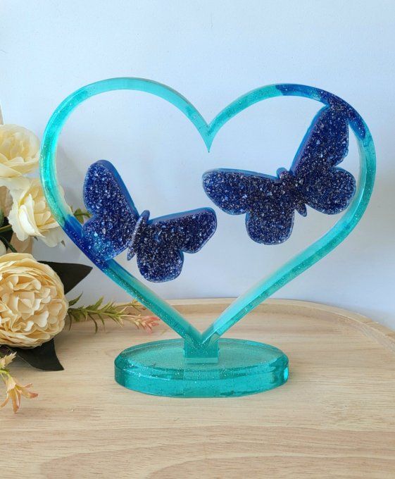 Coeur sur socle et ses papillons "effet diamant" Vert