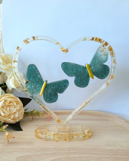 Coeur sur socle et ses papillons "effet diamant" Vert