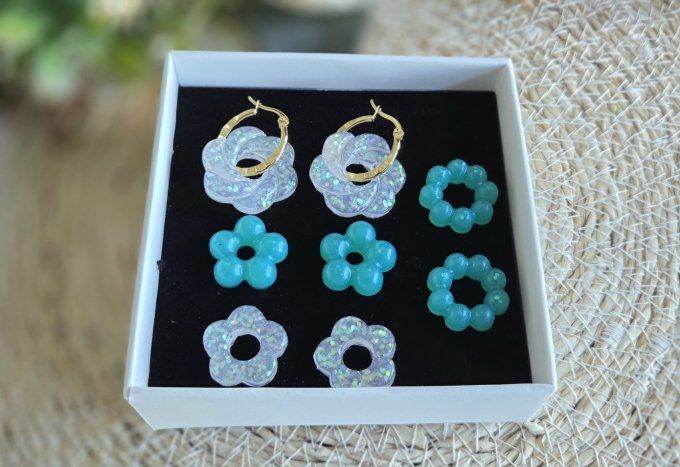 Box boucles d'oreilles pampilles interchangeables en résine époxy - fait mains