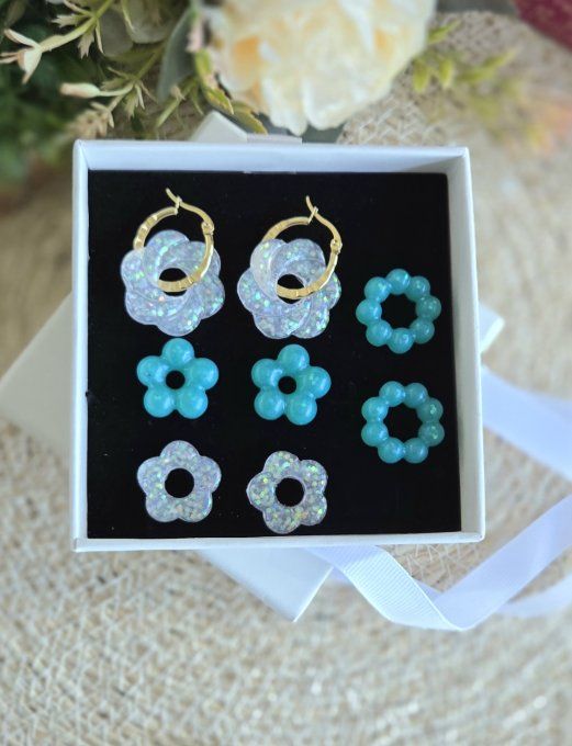 Box boucles d'oreilles pampilles interchangeables en résine époxy - fait mains