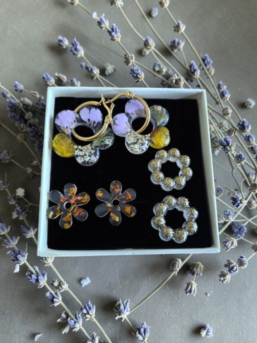 Box boucles d'oreilles pampilles interchangeables en résine époxy - fait mains